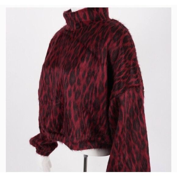 bershka womens red black leopard print crop fuzzy turtleneck sweater small - Picture 3 of 7